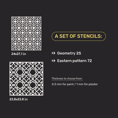 A set of stencils for wall decoration (East 72 + Geometry 25) for plaster and paint 0.3-1 mm (N00040)