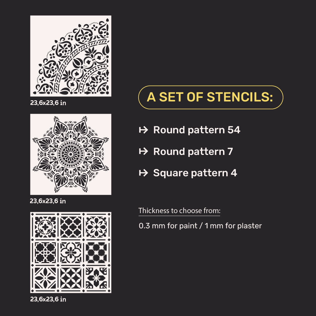 Set for plaster and paint wall decoration 12 Stencils DFA (Round pattern 54 + Round pattern 7 + Square pattern 4) 0.3-1 mm (N00012)