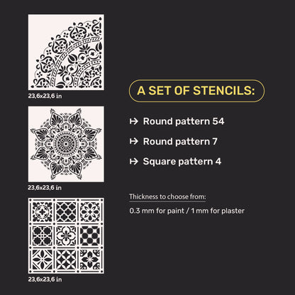 Set for plaster and paint wall decoration 12 Stencils DFA (Round pattern 54 + Round pattern 7 + Square pattern 4) 0.3-1 mm (N00012)