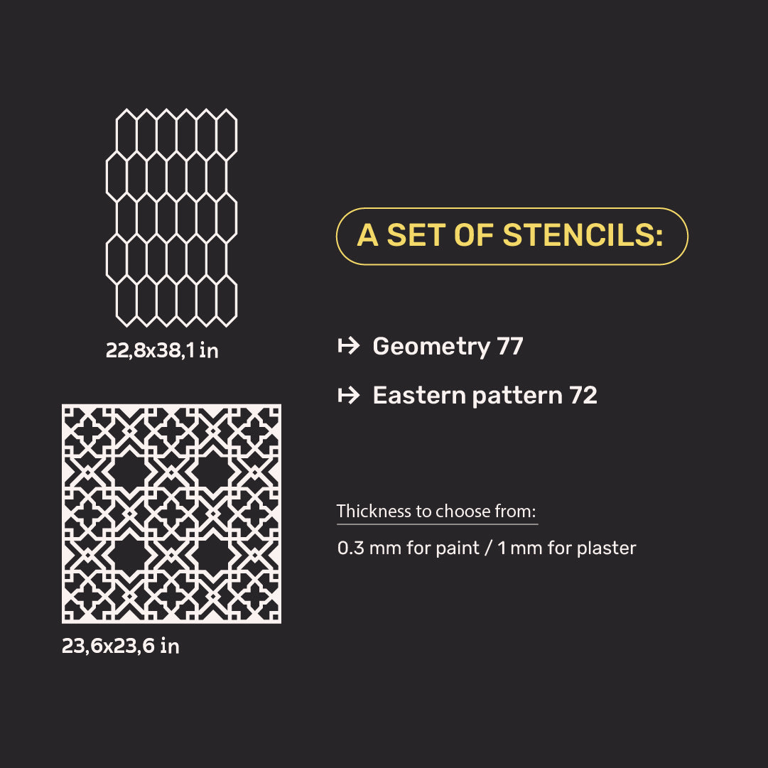 Set of stencils DFA for walls (Geometry 77 + Eastern 72) for plaster and paint 0.3-1 mm (N00082)