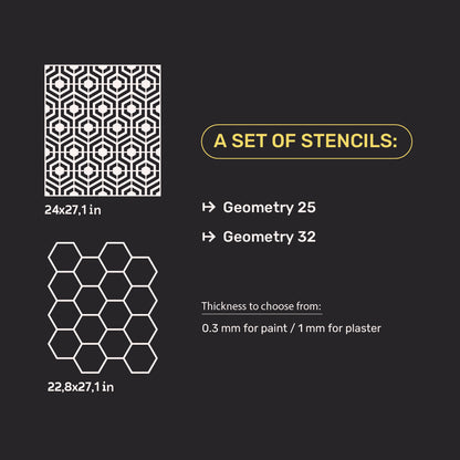 Stencils DFA set for wall decoration (Geometry 25 + Geometry 32) for plaster and paint 0.3-1 mm (N00062)