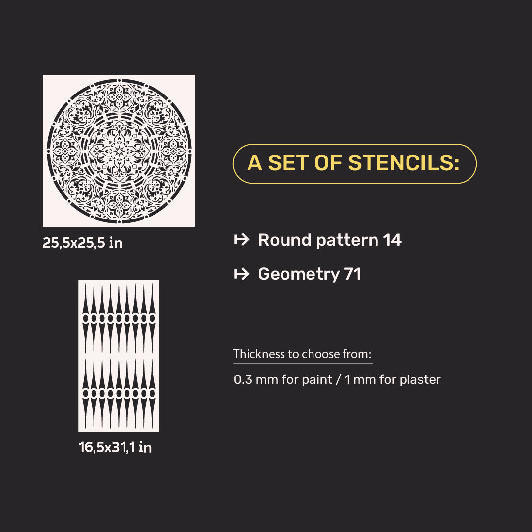 DFA Set of stencils for decoration (Round 14 + Geometry 71) for plaster and paint 0.3-1 mm (N00125)