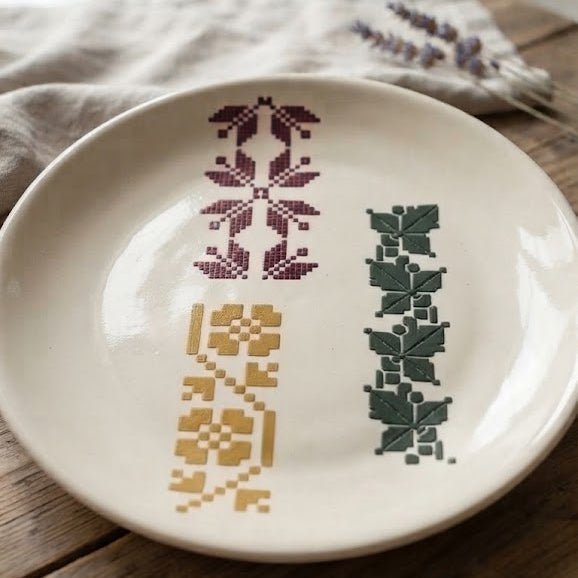 Three reusable geometric embroidery-style stencils with cross-stitch patterns for decoupage and decorative painting