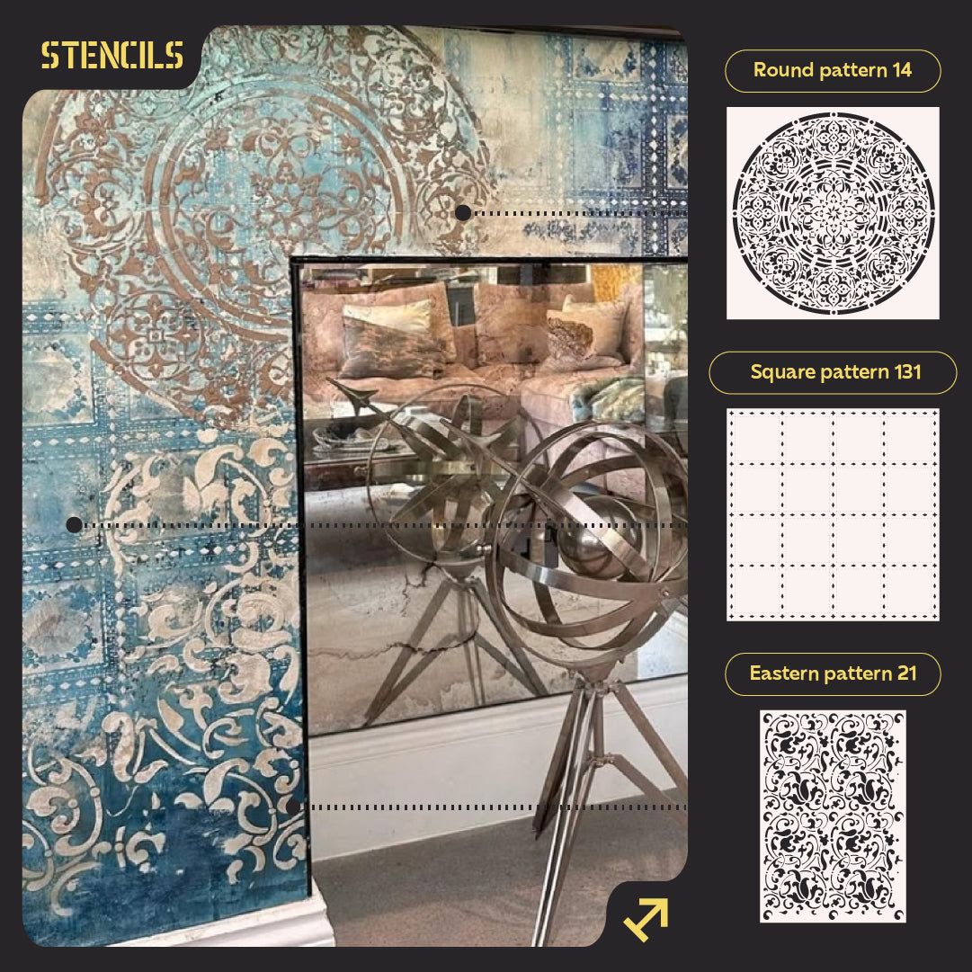 Wall decor stencil set DFA (Round 14 + Square 131 + East 21) for plaster and paint 0.3-1 mm (N00102)