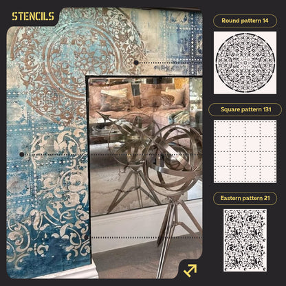 Wall decor stencil set DFA (Round 14 + Square 131 + East 21) for plaster and paint 0.3-1 mm (N00102)