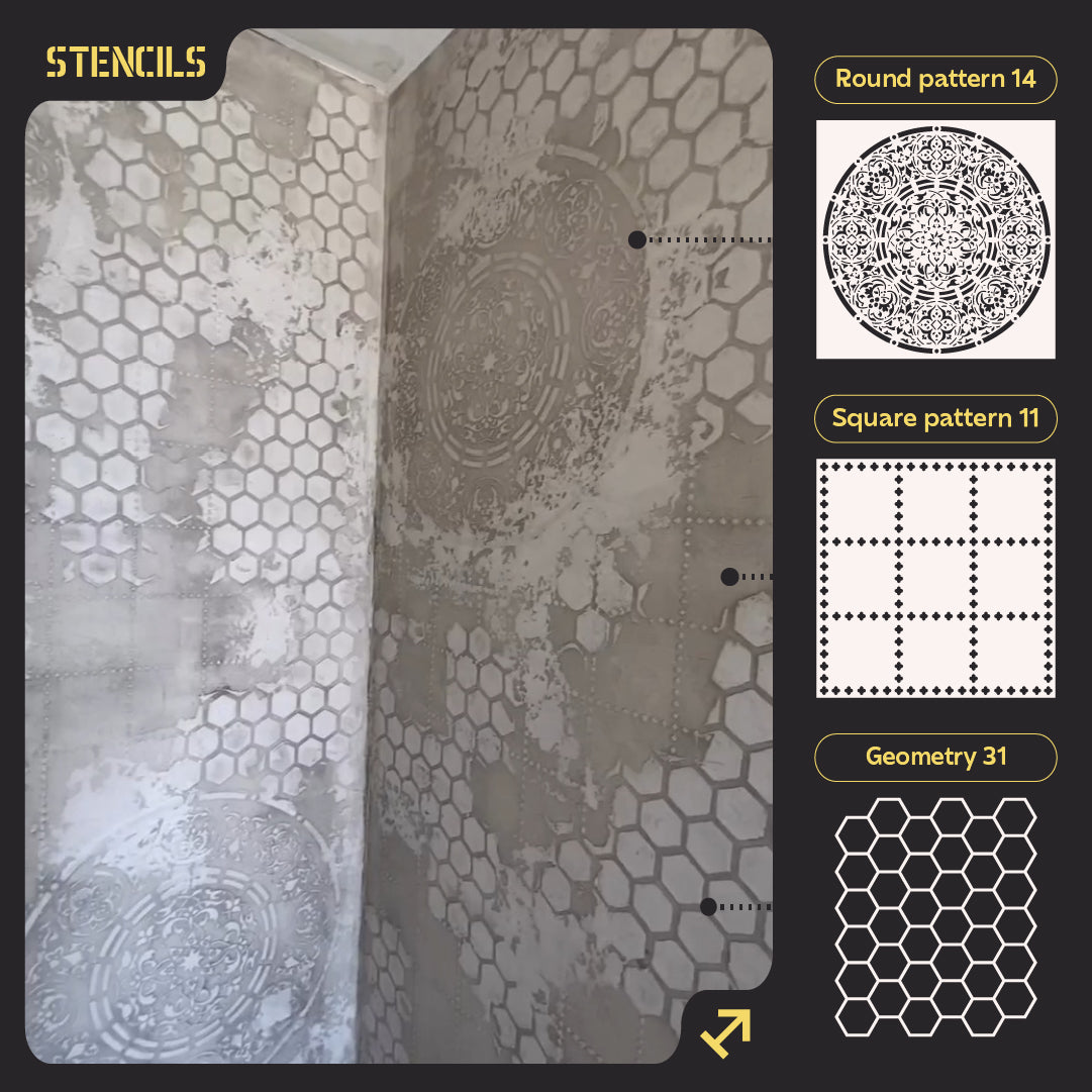 Stencils DFA set (Round 14 + Square 11 + Geometry 31) for plaster and paint 0.3-1 mm (N00110)