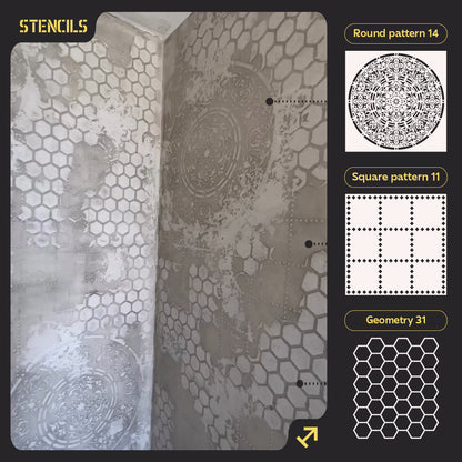 Stencils DFA set (Round 14 + Square 11 + Geometry 31) for plaster and paint 0.3-1 mm (N00110)