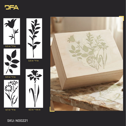 Botanical decoupage stencil set with floral and leaf designs displayed beside a decorated canvas tote bag
