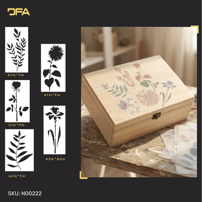 Botanical decoupage stencil set with five floral and leaf patterns beside a decorated wooden box