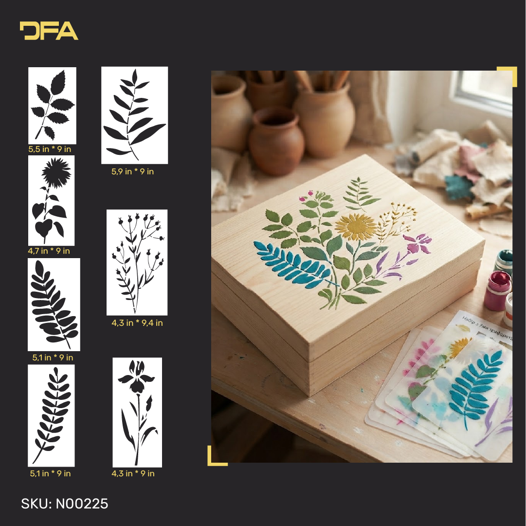 Botanical Leaf & Flower Stencil Set – 7 Reusable Designs