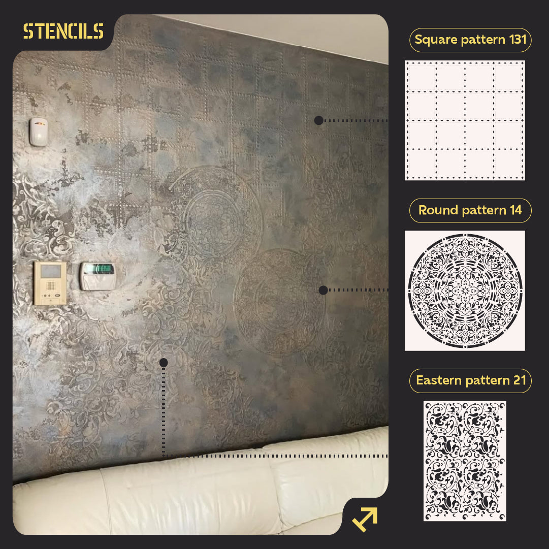 Stencils DFA (Square 131 + Round 14 + East 21) set for plaster and paint 0.3-1 mm (N00129)