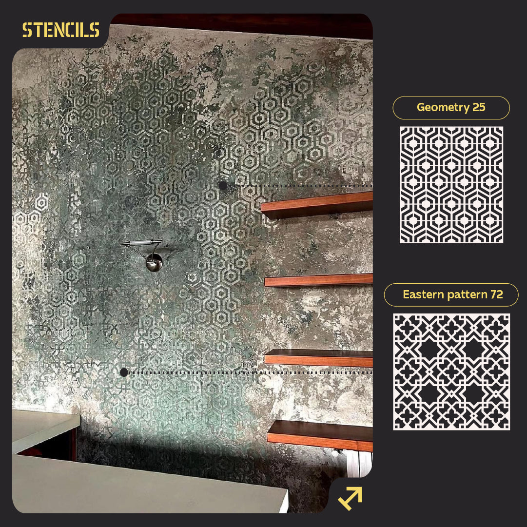 A set of stencils for wall decoration (East 72 + Geometry 25) for plaster and paint 0.3-1 mm (N00040)