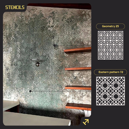 A set of stencils for wall decoration (East 72 + Geometry 25) for plaster and paint 0.3-1 mm (N00040)