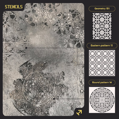 Set of stencils DFA (Geometry 151 + Eastern 11 + Round 14) for plaster and paint 0.3-1 mm (N00044)