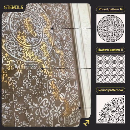 Set of 3 DFA stencils: Creative decor with Round and Oriental motifs for plaster and paint 0.3-1 mm (N00146)
