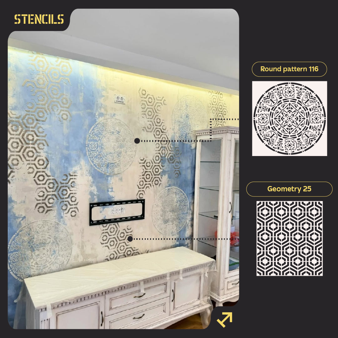DFA stencils for wall decoration (Round 116 + Geometry 25) for plaster and paint 0.3-1 mm (N00047)