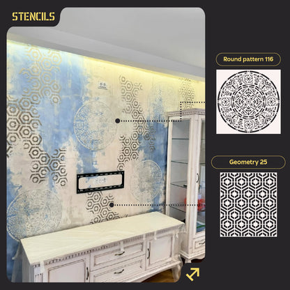 DFA stencils for wall decoration (Round 116 + Geometry 25) for plaster and paint 0.3-1 mm (N00047)