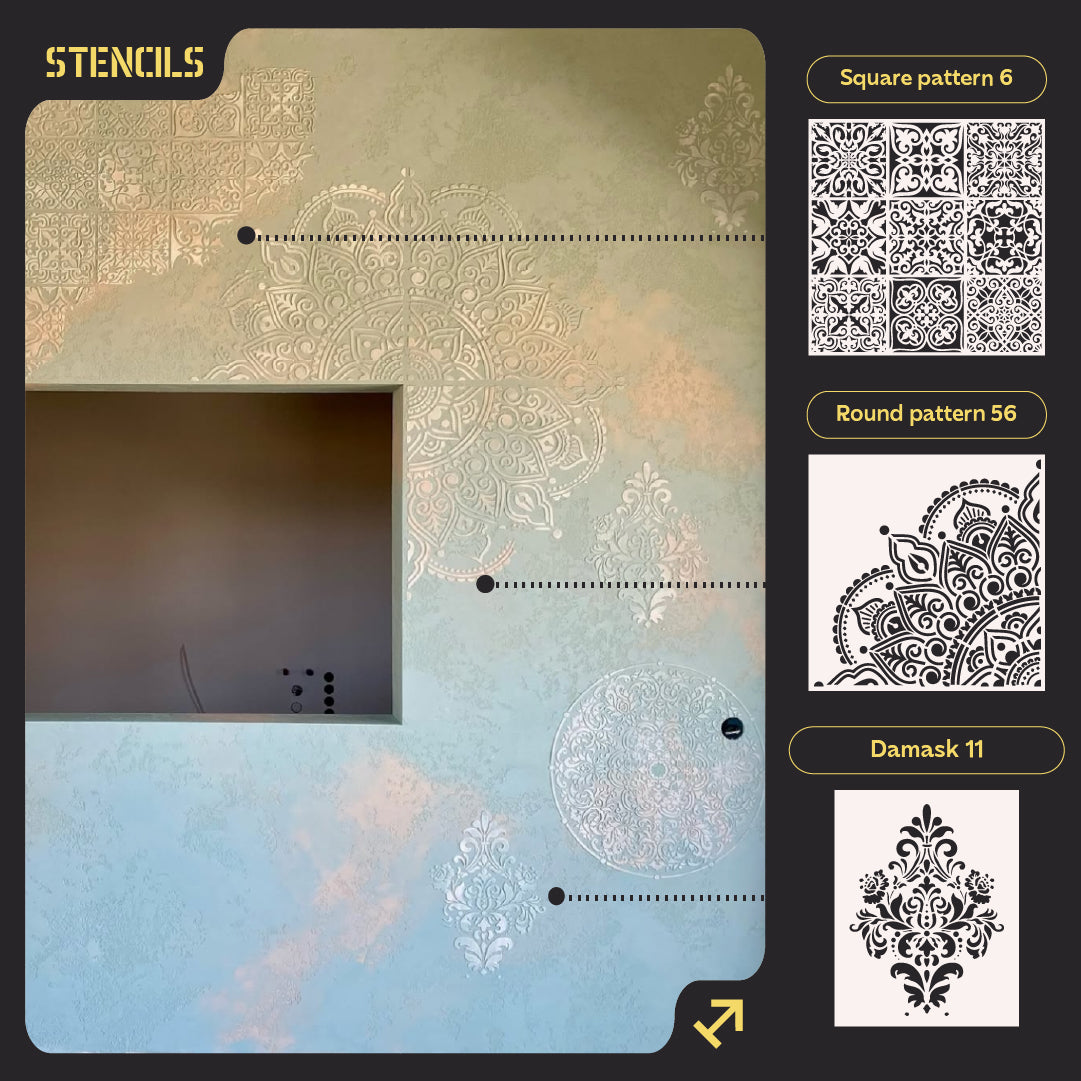 Wall decoration set for plaster and paint 6 Stencils DFA (Square pattern 6 + Round pattern 56 + Damask 11) 0.3-1 mm (N00006)
