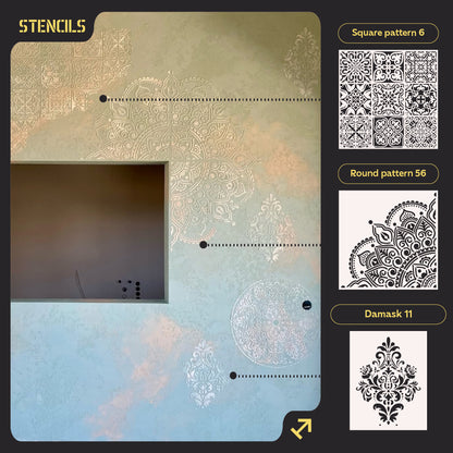 Wall decoration set for plaster and paint 6 Stencils DFA (Square pattern 6 + Round pattern 56 + Damask 11) 0.3-1 mm (N00006)