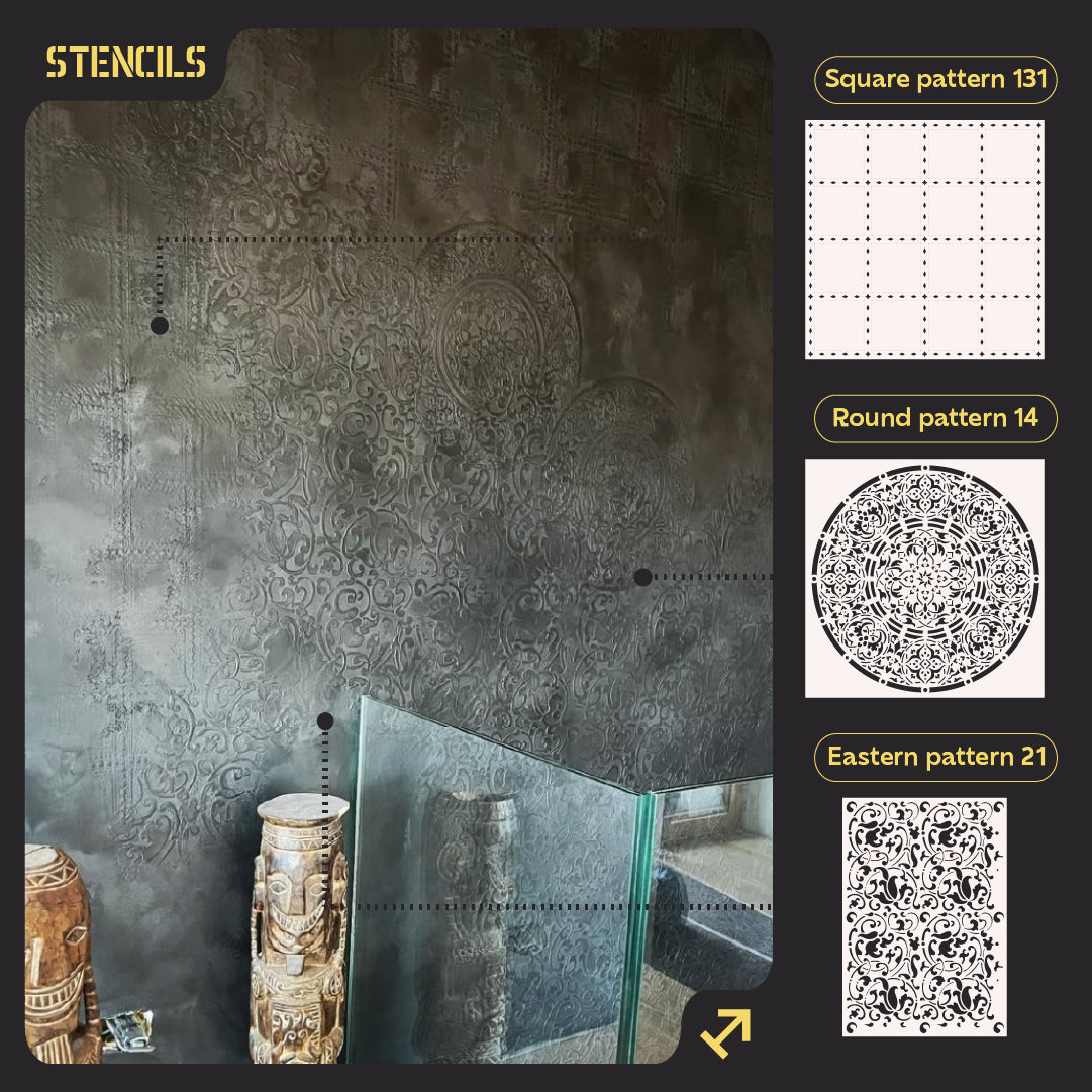 DFA stencils for decoration (Square 131 + Round 14 + Eastern 21) for plaster and paint 0.3-1 mm (N00128)