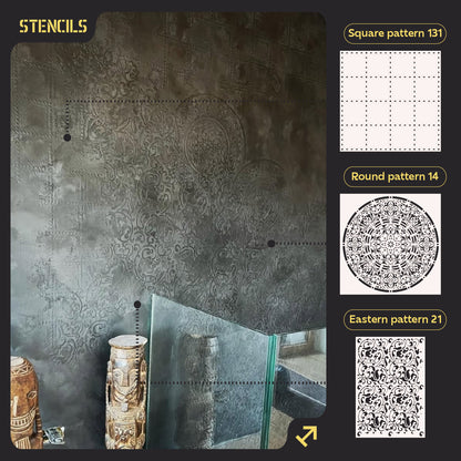 DFA stencils for decoration (Square 131 + Round 14 + Eastern 21) for plaster and paint 0.3-1 mm (N00128)