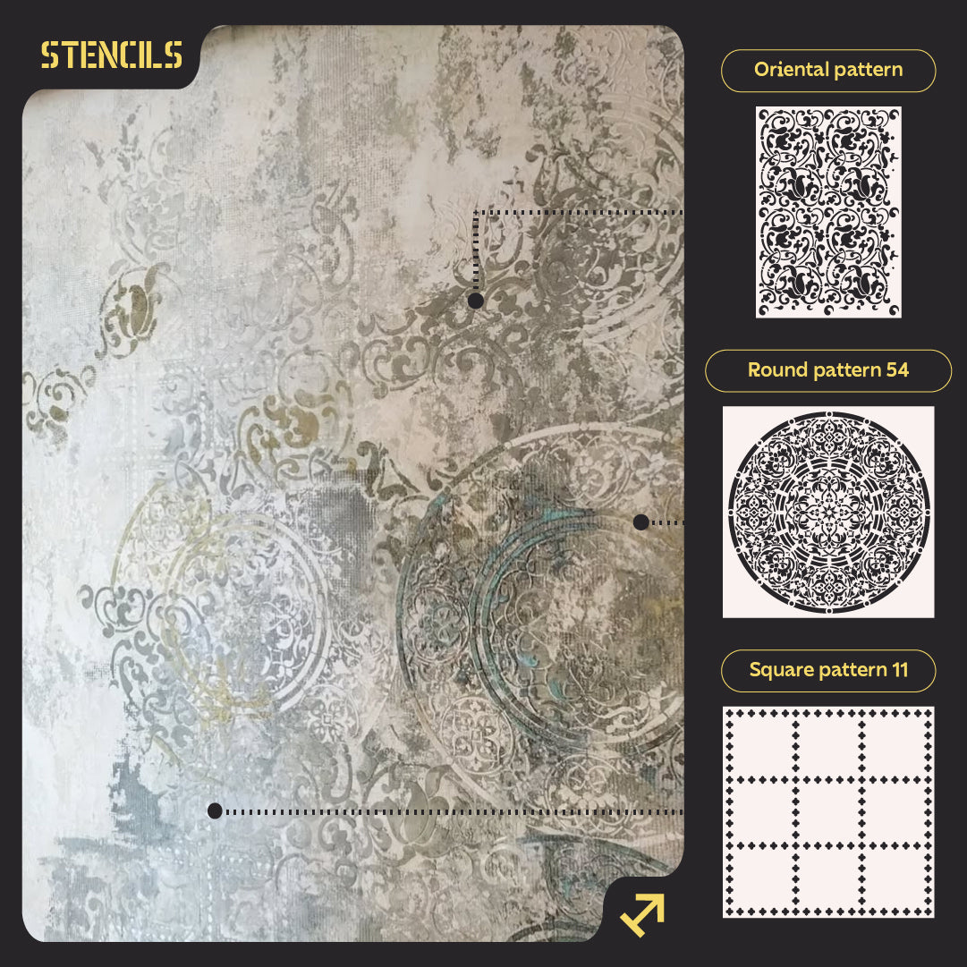 Wall decoration set for plaster and paint 35 (Oriental pattern 21 + Round pattern 14 + Square pattern 11) 0.3-1 mm (N00035)