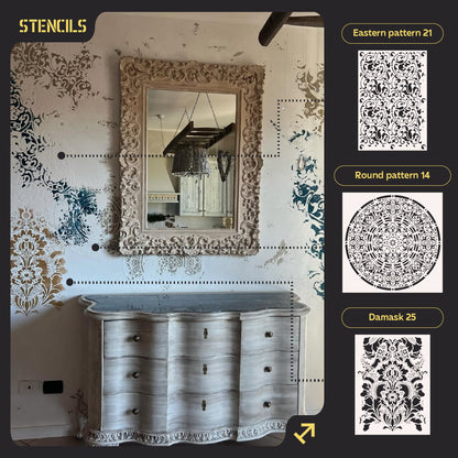 DFA Set of stencils (Oriental 21 + Round 14 + Damascus 25) for plaster and paint 0.3-1 mm (N00065)