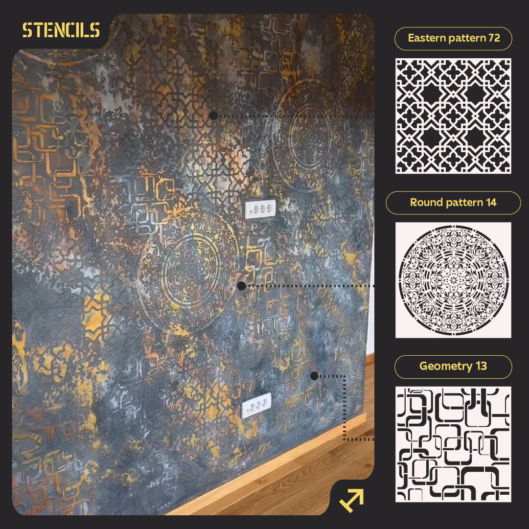 DFA stencil set (Oriental 72+ Round 14+ Geometry 13) for plaster and paint 0.3-1 mm (N00052)