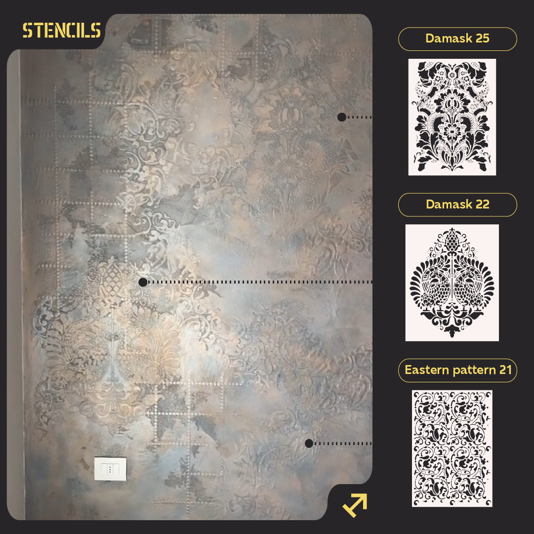 Stencils DFA set for decoration under plaster and paint (Damask 25 + Damascus 22 + Oriental 21) 0.3-1 mm (N00130)