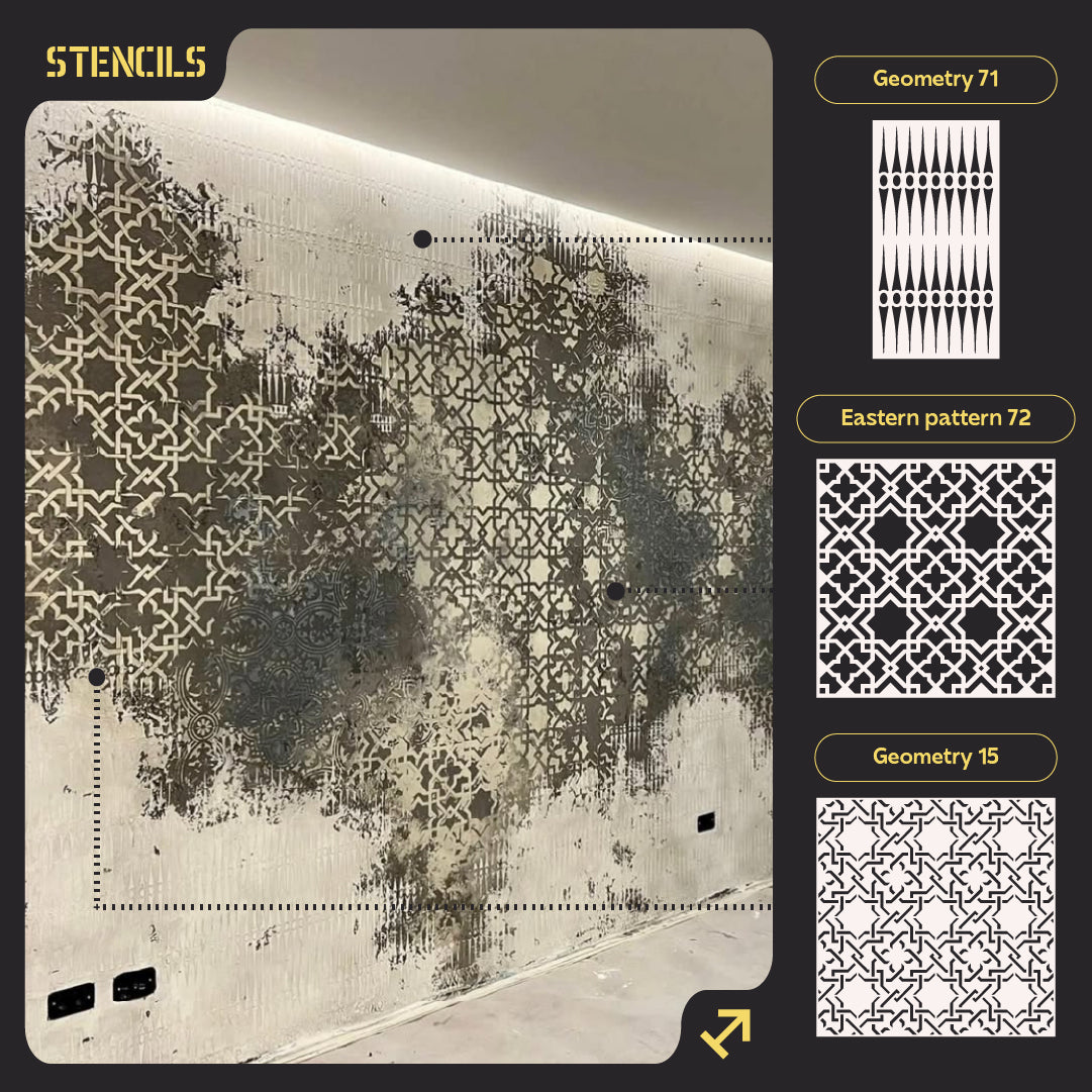 Stencils DFA set (Geometry 71 + Eastern 72 + Geometry 15) for plaster and paint 0.3-1 mm (N00079)