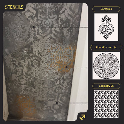 DFA stencils for decoration (Damask 3 + Round 14 + Geometry 25) for plaster and paint 0.3-1 mm (N00094)
