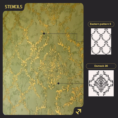 Wall decoration set for plaster and paint 9 Stencils DFA (Oriental pattern 5 + Damask 36) 0.3-1 mm (N00009)