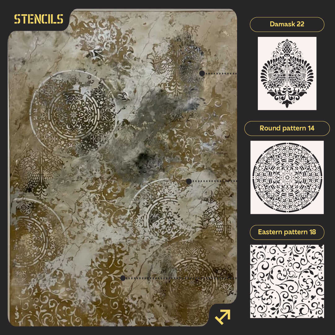 Set of stencils DFA for plaster and paint (Damask 22 + Round 14 + Eastern 18) 0.3-1 mm (N00064)