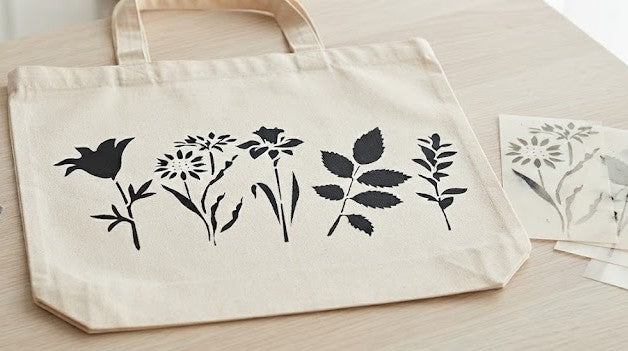 Botanical decoupage stencil set with floral and leaf designs displayed beside a decorated canvas tote bag