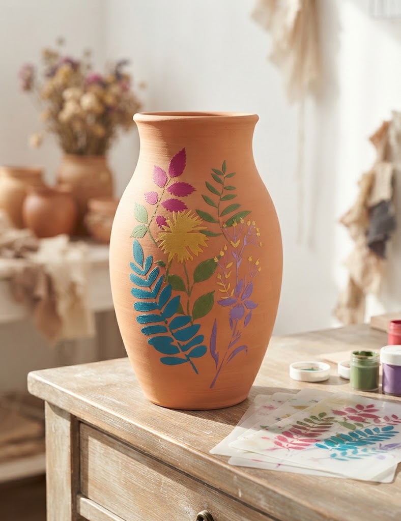 Botanical leaf and flower stencil set with seven reusable designs beside a wooden box decorated with colorful plants