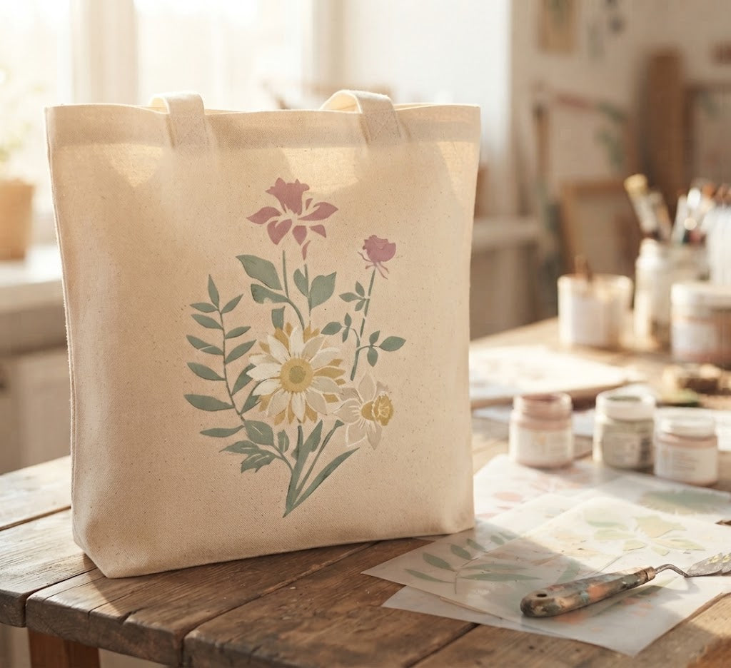 Botanical decoupage stencil set with five floral and leaf patterns beside a decorated wooden box