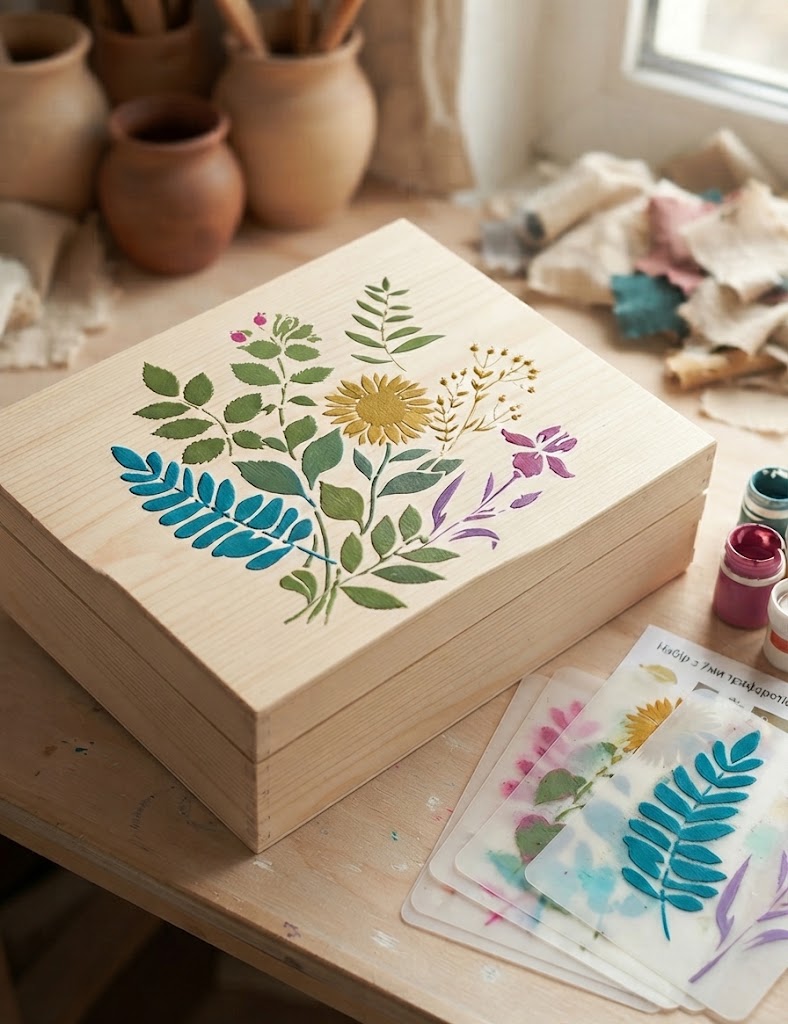 Botanical leaf and flower stencil set with seven reusable designs beside a wooden box decorated with colorful plants