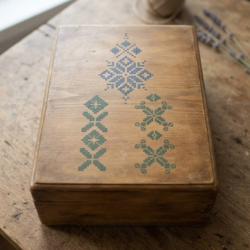 Cross stitch stencil set with three geometric embroidery-inspired patterns for decoupage and DIY crafts