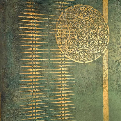 Reusable mandala wall stencil creating plaster pattern on textured wall