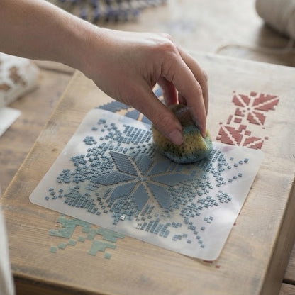 Three reusable geometric embroidery-style stencils with cross-stitch patterns for decoupage and decorative painting