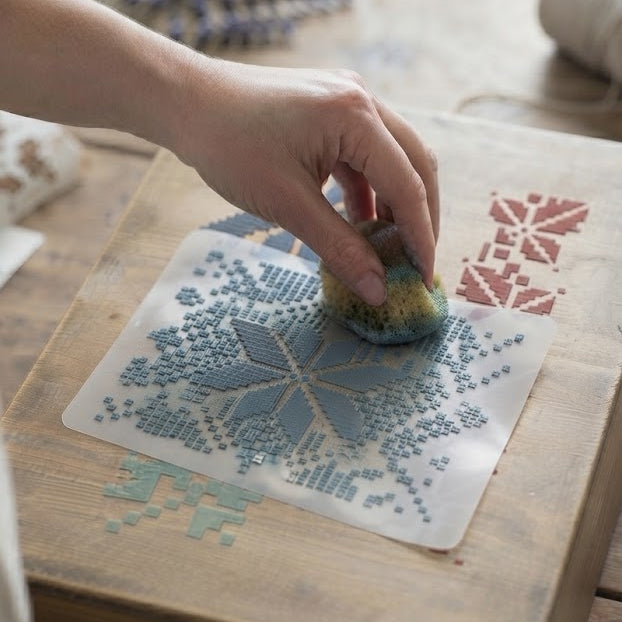 Three reusable geometric embroidery-style stencils with cross-stitch patterns for decoupage and decorative painting