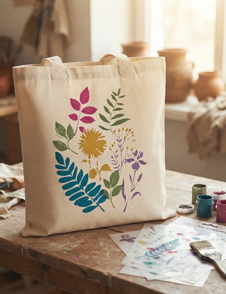 Botanical leaf and flower stencil set with seven reusable designs beside a wooden box decorated with colorful plants
