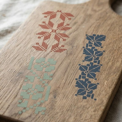 Three reusable geometric embroidery-style stencils with cross-stitch patterns for decoupage and decorative painting