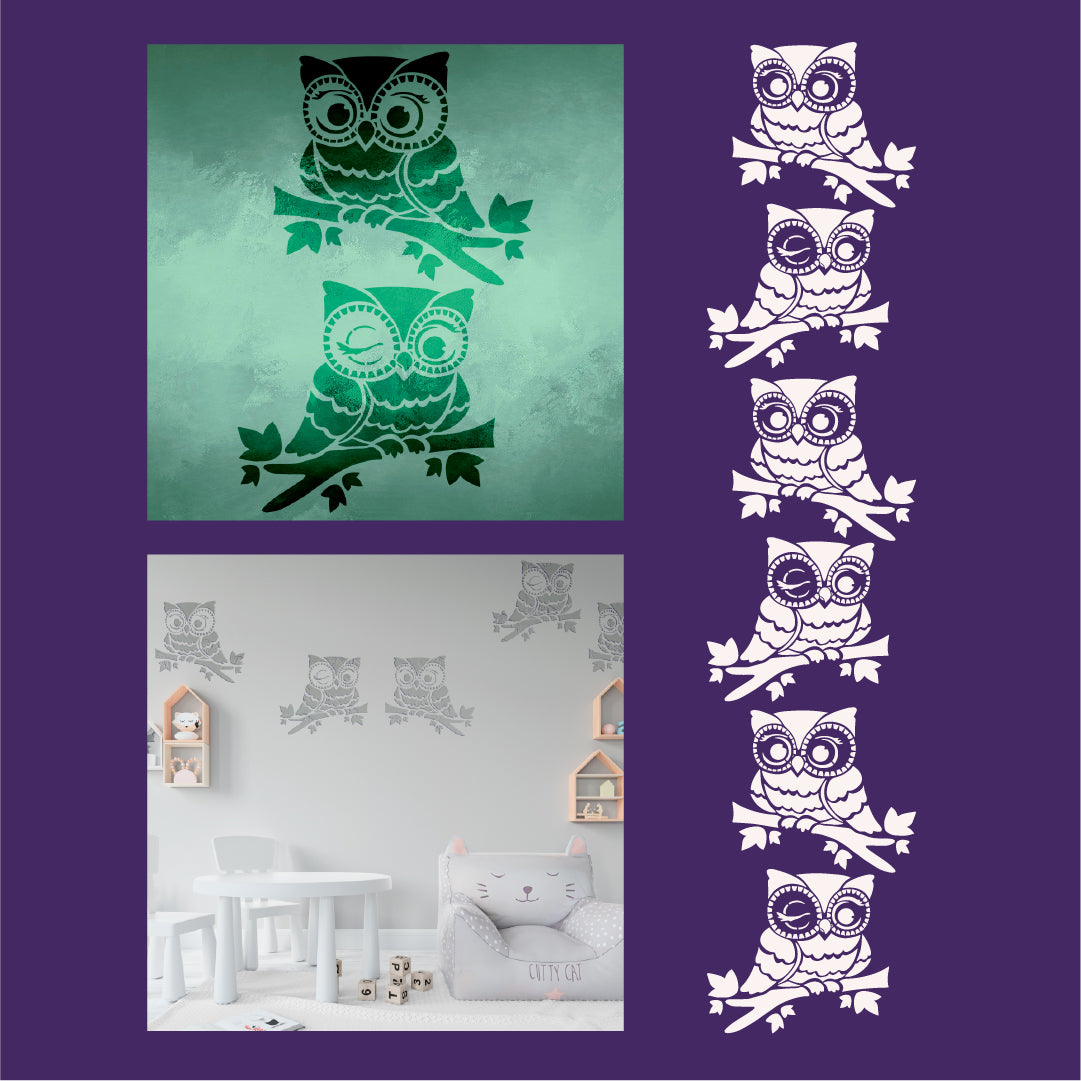 Cute owls on the walls: DFA reusable stencil for children's room 0.3-1 mm (E00073)