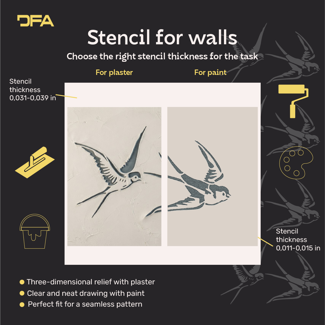 "Swallow" wall stencil — DFA stencil for vibrant decor, 0.3–1 mm (J00078)