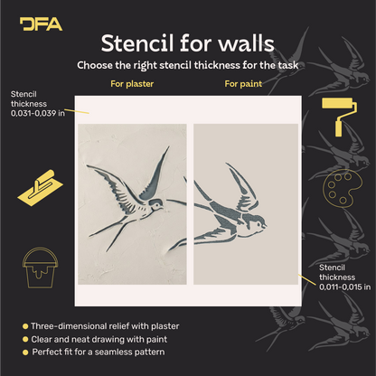 "Swallow" wall stencil — DFA stencil for vibrant decor, 0.3–1 mm (J00078)