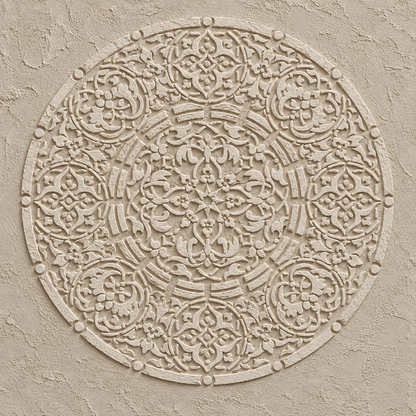Reusable mandala wall stencil creating plaster pattern on textured wall
