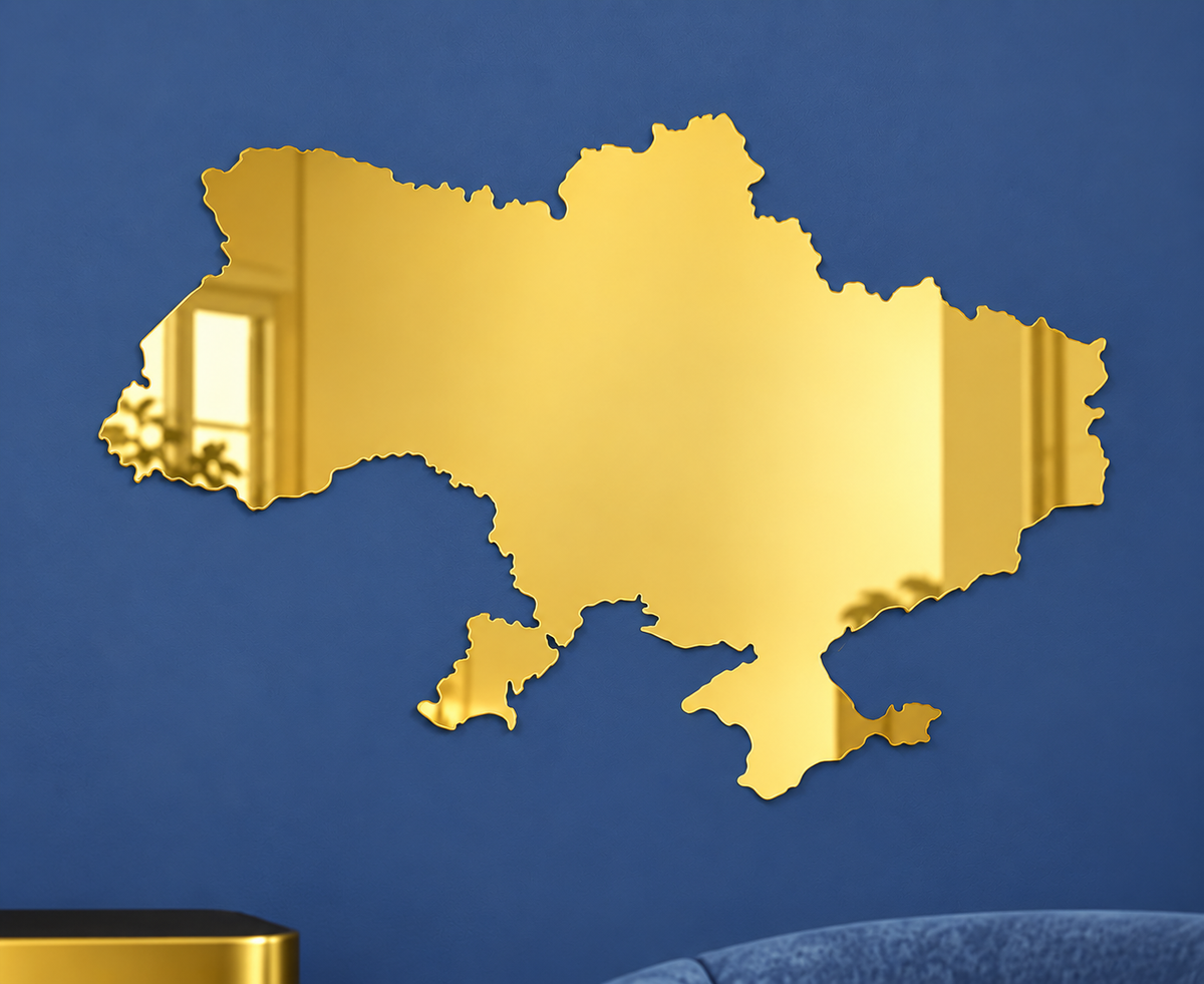 Gold and silver mirror map of Ukraine wall decor with self-adhesive backing