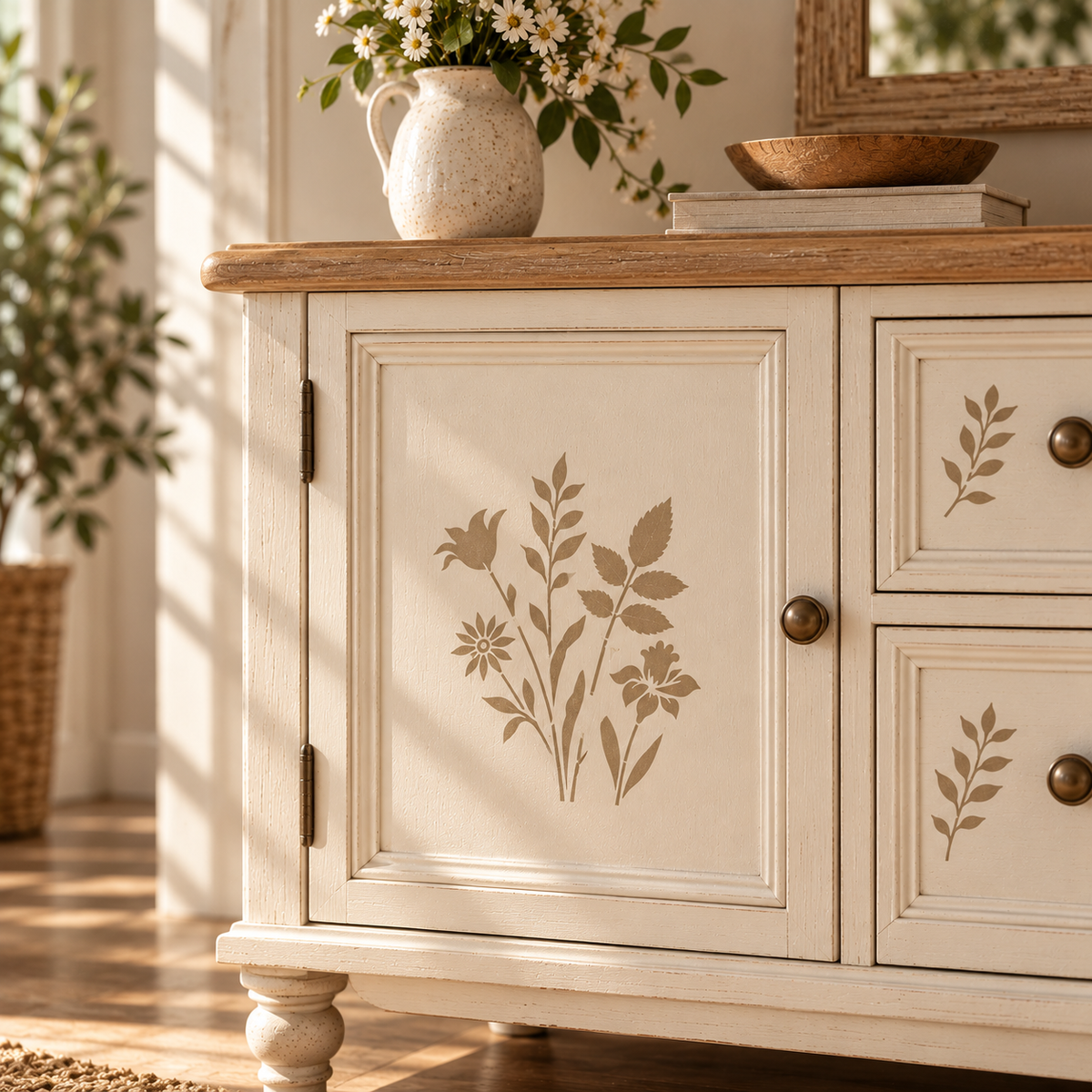 Botanical decoupage stencil set with floral and leaf designs displayed beside a decorated canvas tote bag