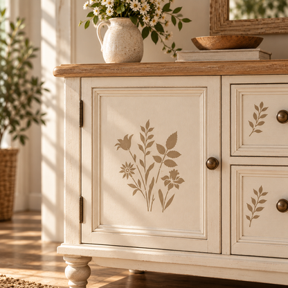 Botanical decoupage stencil set with floral and leaf designs displayed beside a decorated canvas tote bag